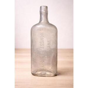 Antique 1890s Clear Glass One Pint Honest Measure Whiskey Bottle Flask, 8.75”